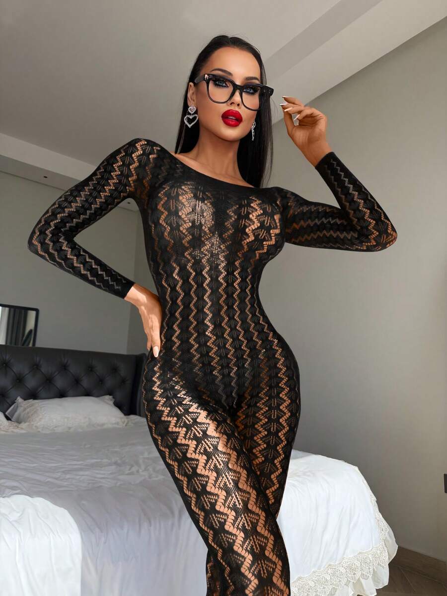 Black sheer mesh lingerie jumpsuit for women featuring long sleeves, round neck, and gothic striped pattern.