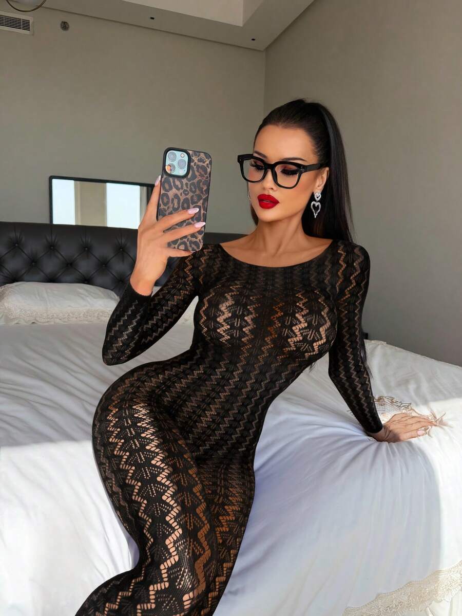 Black sheer mesh lingerie jumpsuit for women featuring long sleeves, round neck, and gothic striped pattern.