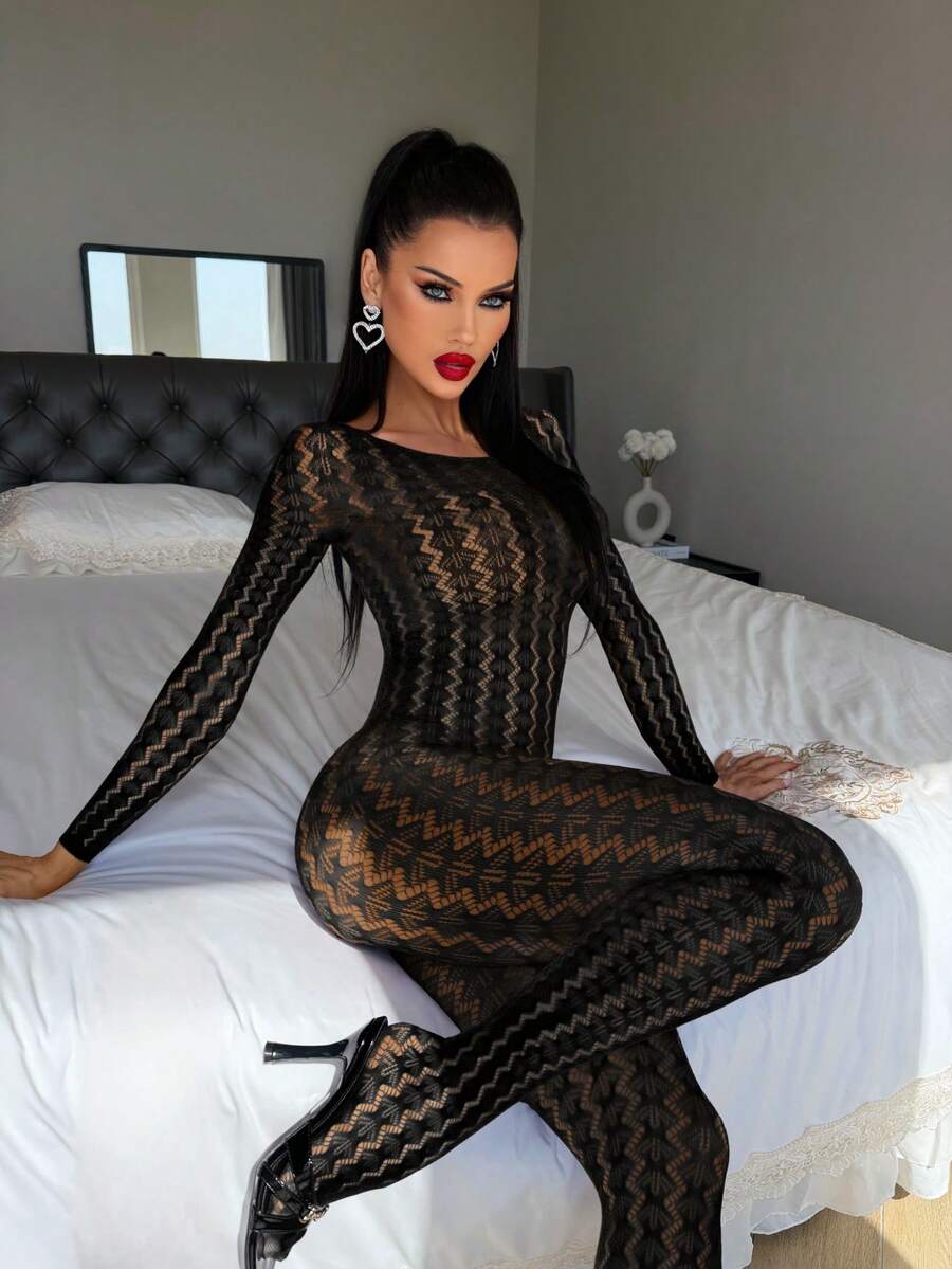 Black sheer mesh lingerie jumpsuit for women featuring long sleeves, round neck, and gothic striped pattern.