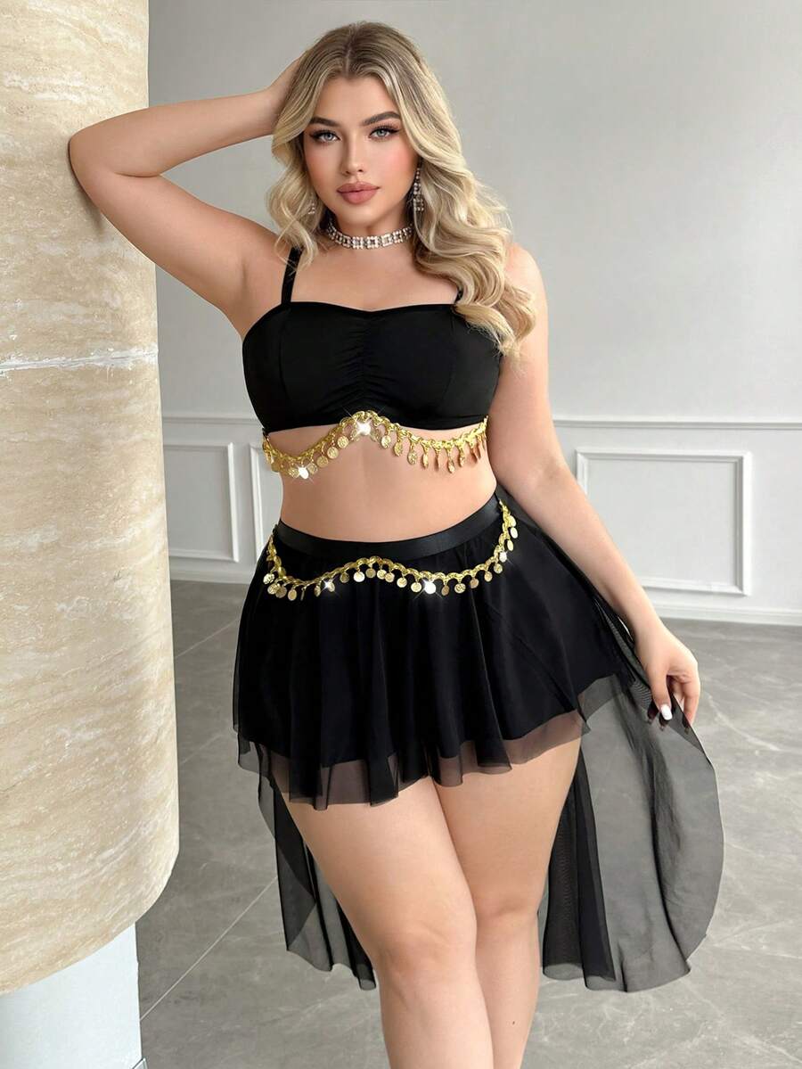 Black 2-piece dancer cosplay lingerie set featuring a wireless spaghetti strap bralette with contrast lace, V-string panty, and a lined midi skirt.