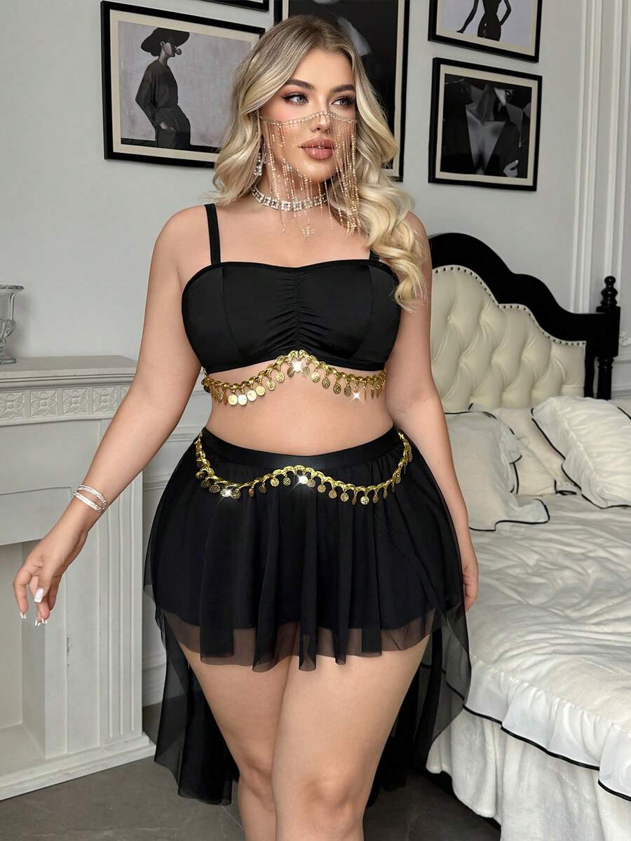 Black 2-piece dancer cosplay lingerie set featuring a wireless spaghetti strap bralette with contrast lace, V-string panty, and a lined midi skirt.