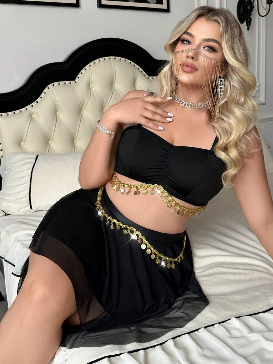 Black 2-piece dancer cosplay lingerie set featuring a wireless spaghetti strap bralette with contrast lace, V-string panty, and a lined midi skirt.