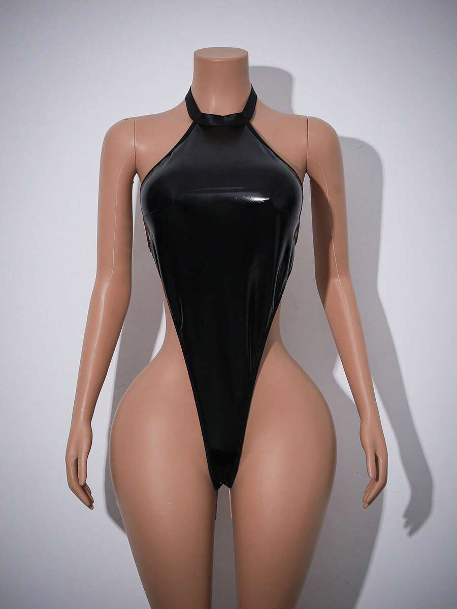 Black PU patchwork halter teddy jumpsuit with chain details and open crotch design for women