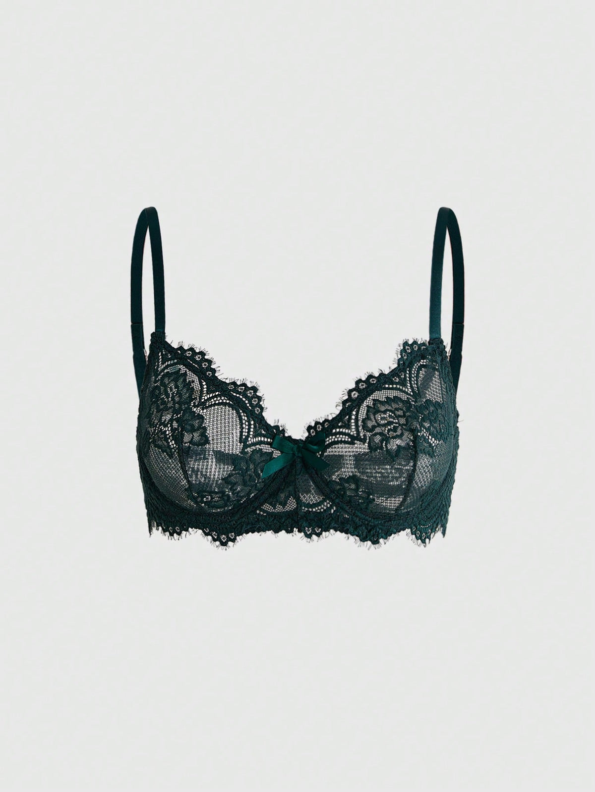 Black sheer floral lace plunge bra featuring underwire support, unlined triangle cups, adjustable straps, and a backless design for women.