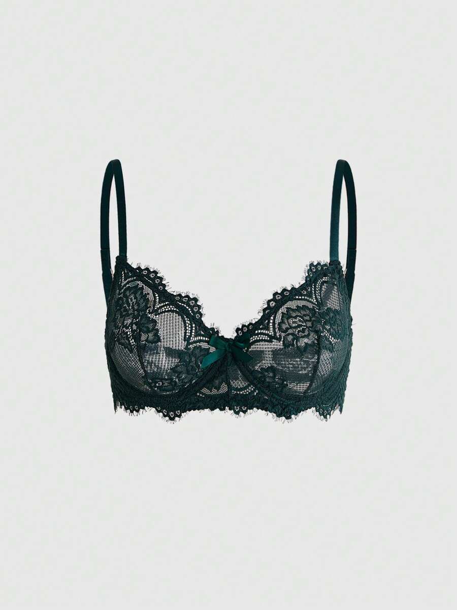 Black sheer floral lace plunge bra featuring underwire support, unlined triangle cups, adjustable straps, and a backless design for women.