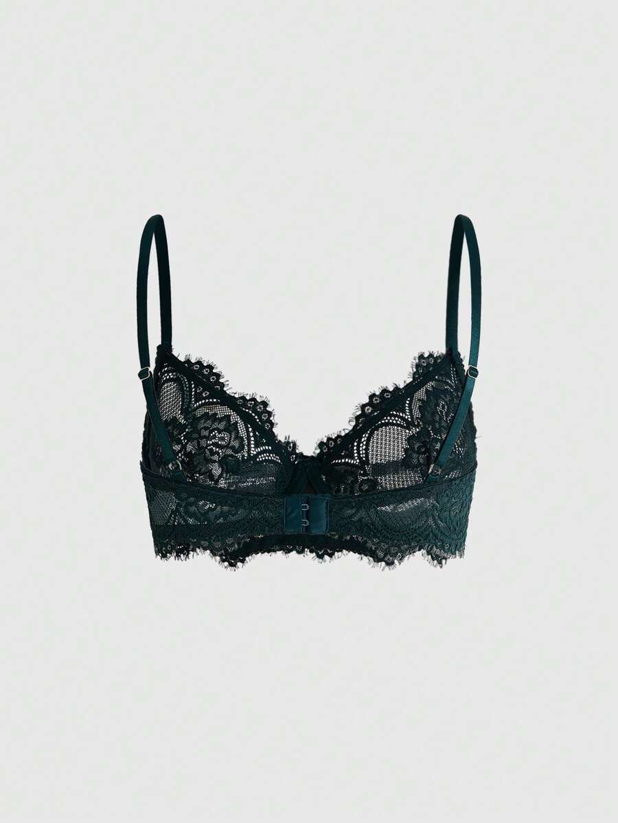 Black sheer floral lace plunge bra featuring underwire support, unlined triangle cups, adjustable straps, and a backless design for women.
