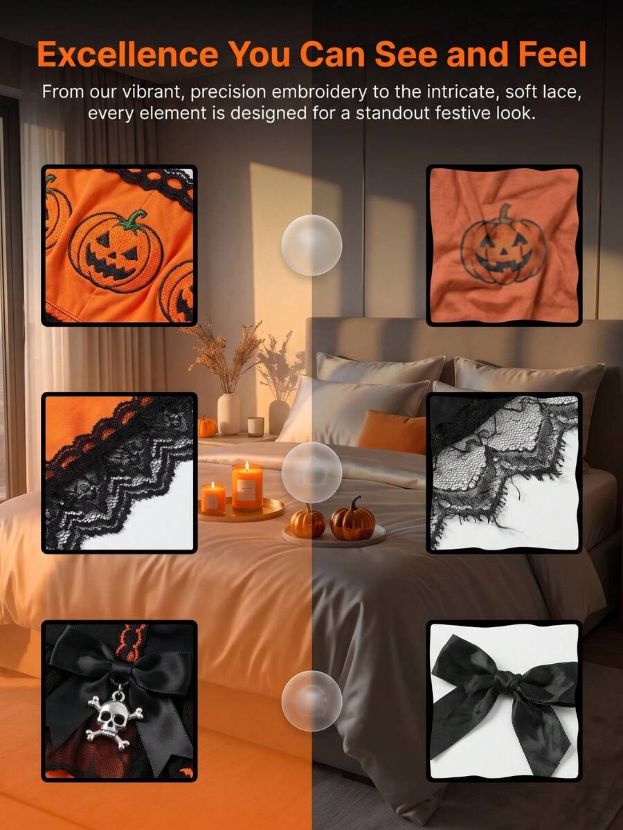 Black 3-piece Halloween lingerie set featuring pumpkin embroidery bustier top with spaghetti straps, bow detail, mini skirt, and matching thong.