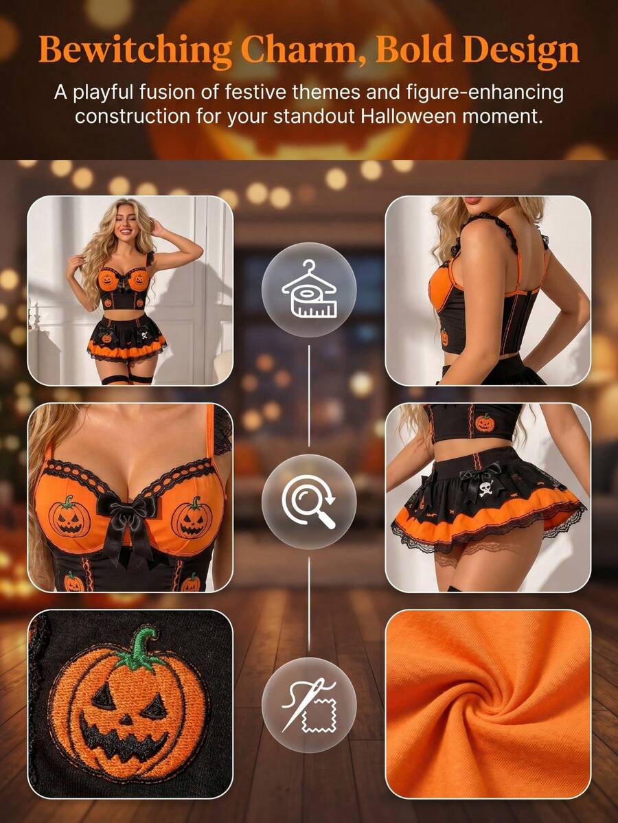 Black 3-piece Halloween lingerie set featuring pumpkin embroidery bustier top with spaghetti straps, bow detail, mini skirt, and matching thong.