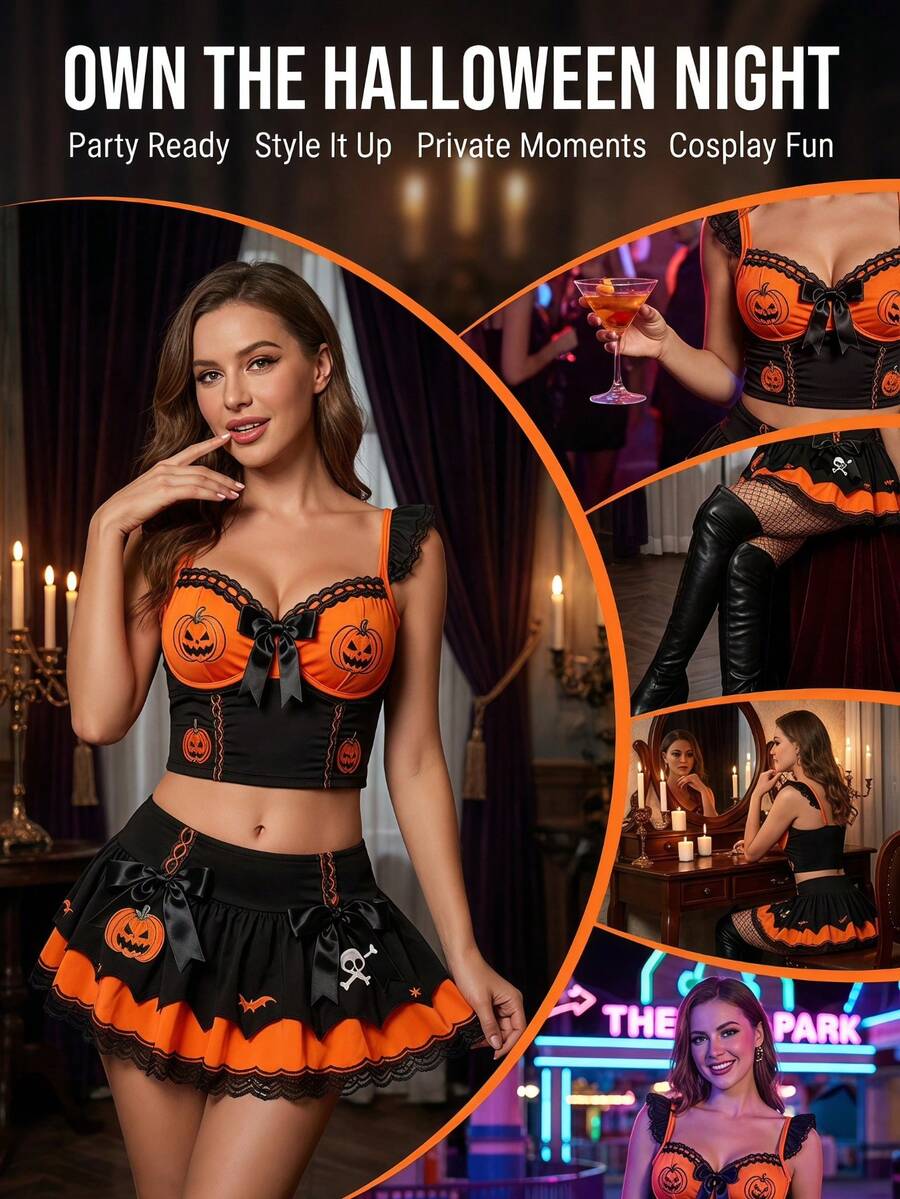 Black 3-piece Halloween lingerie set featuring pumpkin embroidery bustier top with spaghetti straps, bow detail, mini skirt, and matching thong.