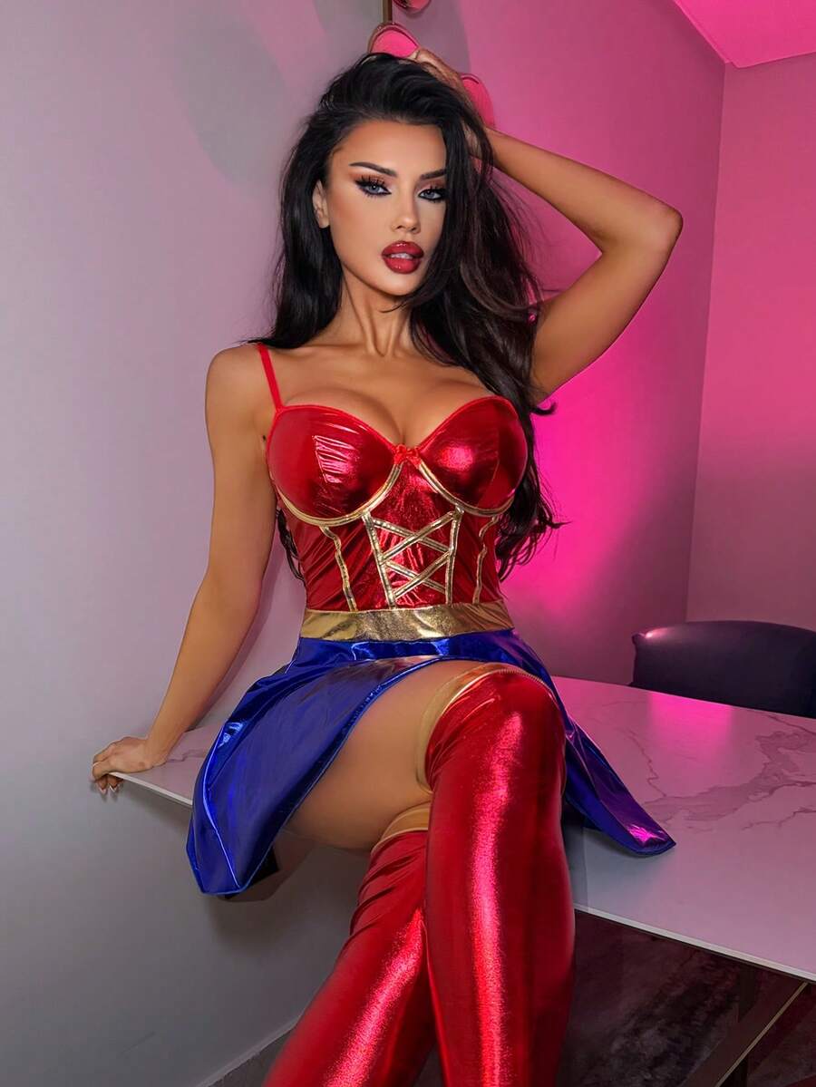 Multicolor women's 2-piece movie superhero cosplay costume set featuring a midi dress with metallic hoop skirt, crisscross details, adjustable straps, and matching socks.