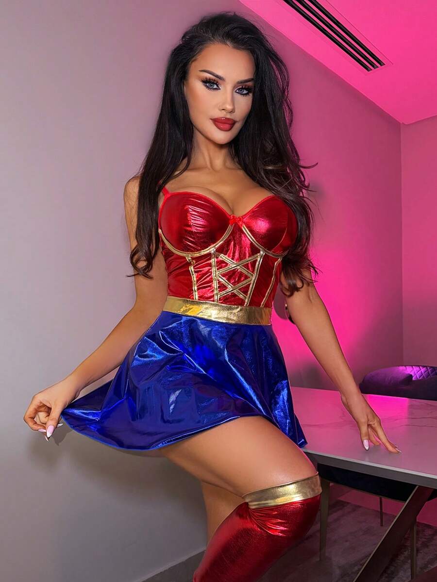 Multicolor women's 2-piece movie superhero cosplay costume set featuring a midi dress with metallic hoop skirt, crisscross details, adjustable straps, and matching socks.
