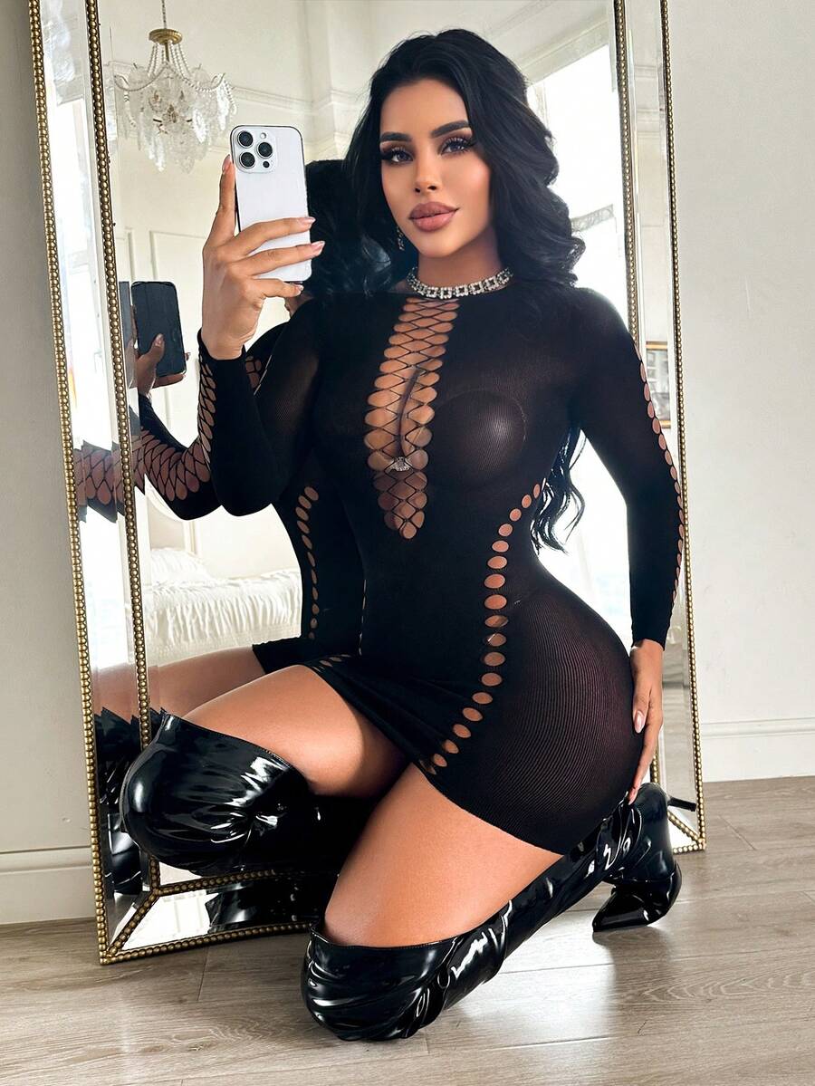 Black sheer hollow out fishnet lingerie nightgown with open shoulder detail for women