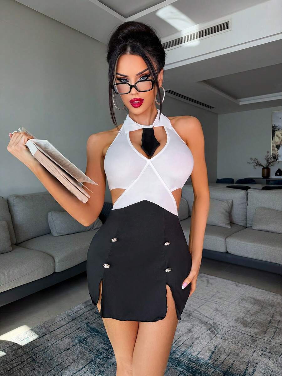 Women's 3-piece black and white cosplay costume set featuring a halter crossback top and a short tight split skirt with tie.