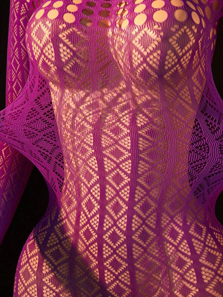 Women's black long sleeve fishnet bodystocking featuring a scoop neck and high stretch sheer knitted fabric.