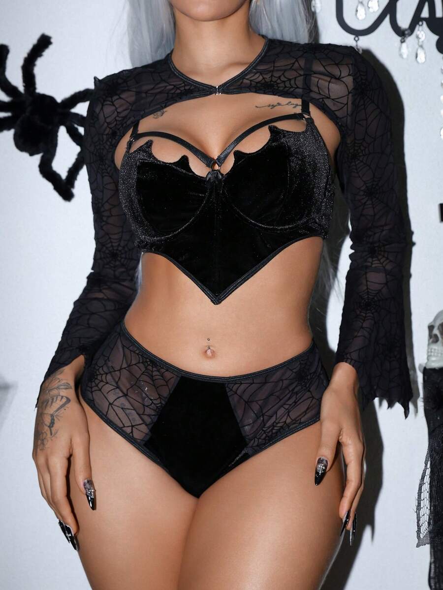 Black 3-piece women's lingerie set featuring an underwire bra with cup details, adjustable spaghetti straps, and mid-rise briefs.