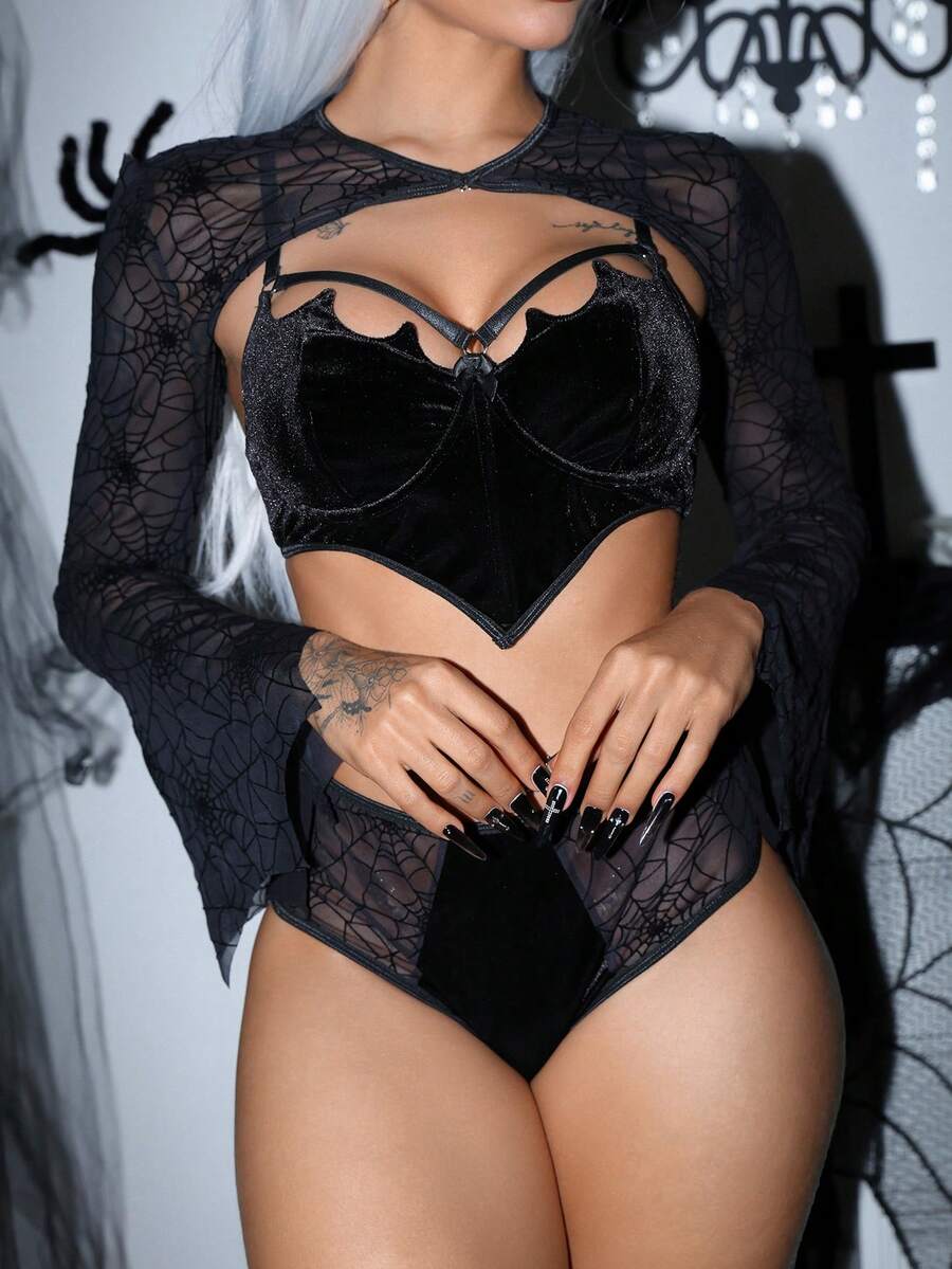 Black 3-piece women's lingerie set featuring an underwire bra with cup details, adjustable spaghetti straps, and mid-rise briefs.