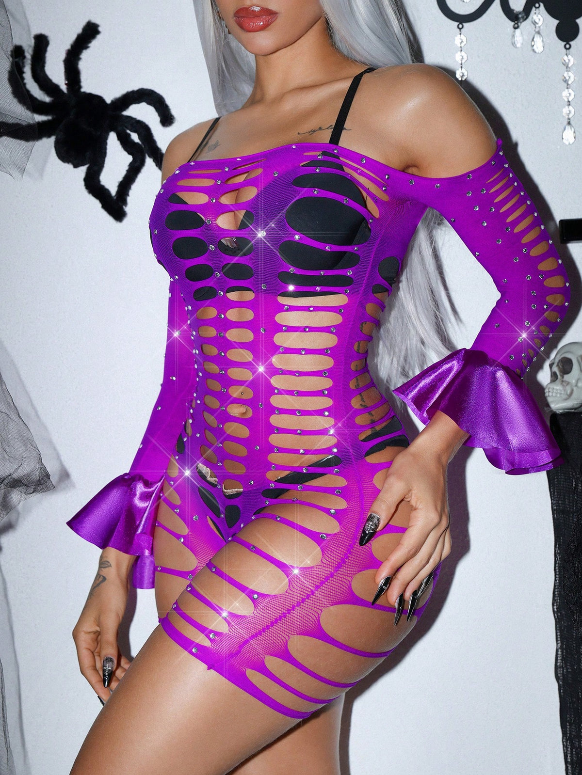 Purple Y2K strapless teddy bodysuit for women featuring long ruffle sleeves and an off-the-shoulder neckline.
