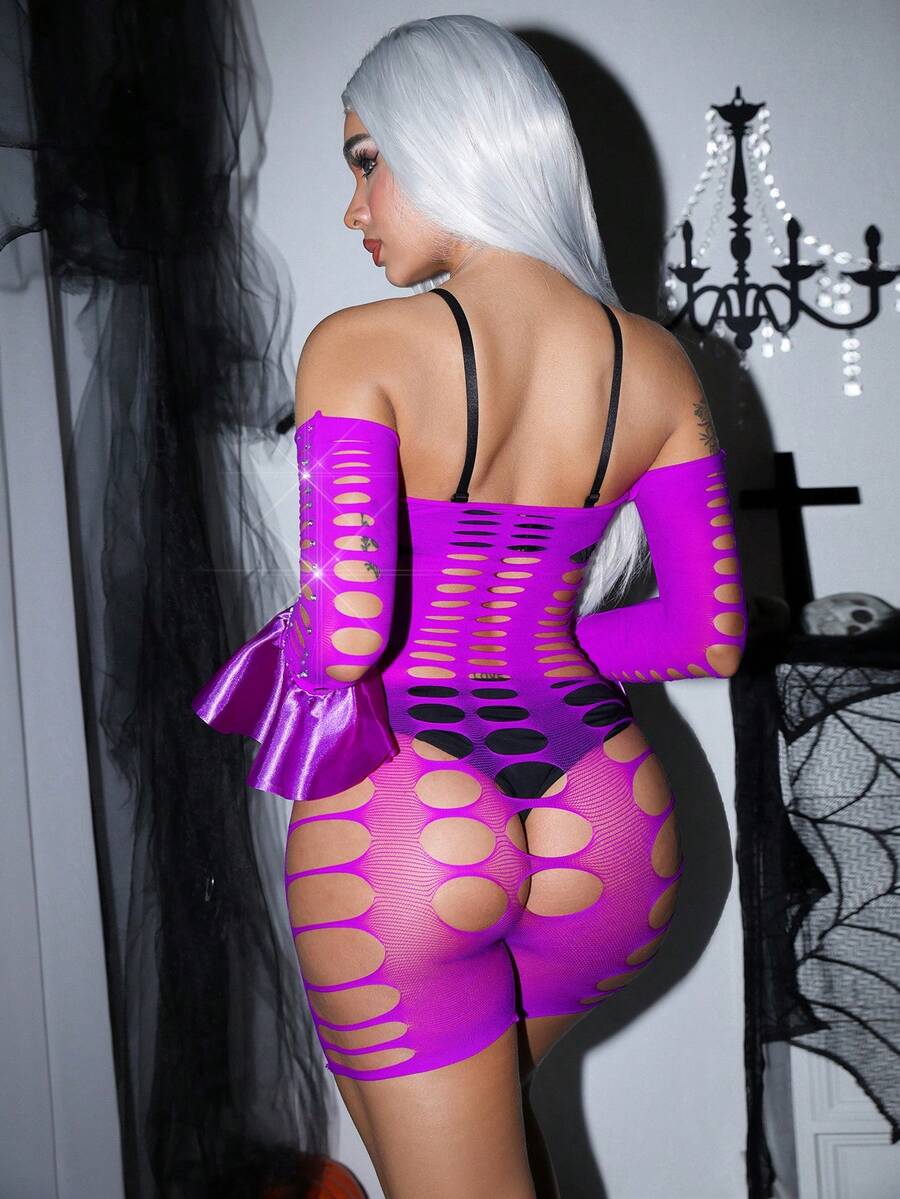 Purple Y2K strapless teddy bodysuit for women featuring long ruffle sleeves and an off-the-shoulder neckline.