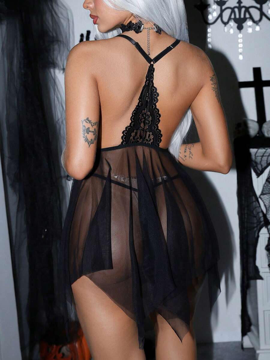 Black backless sheer mesh nightgown babydoll dress with contrast lace detailing and adjustable spaghetti straps paired with matching V-string panty.