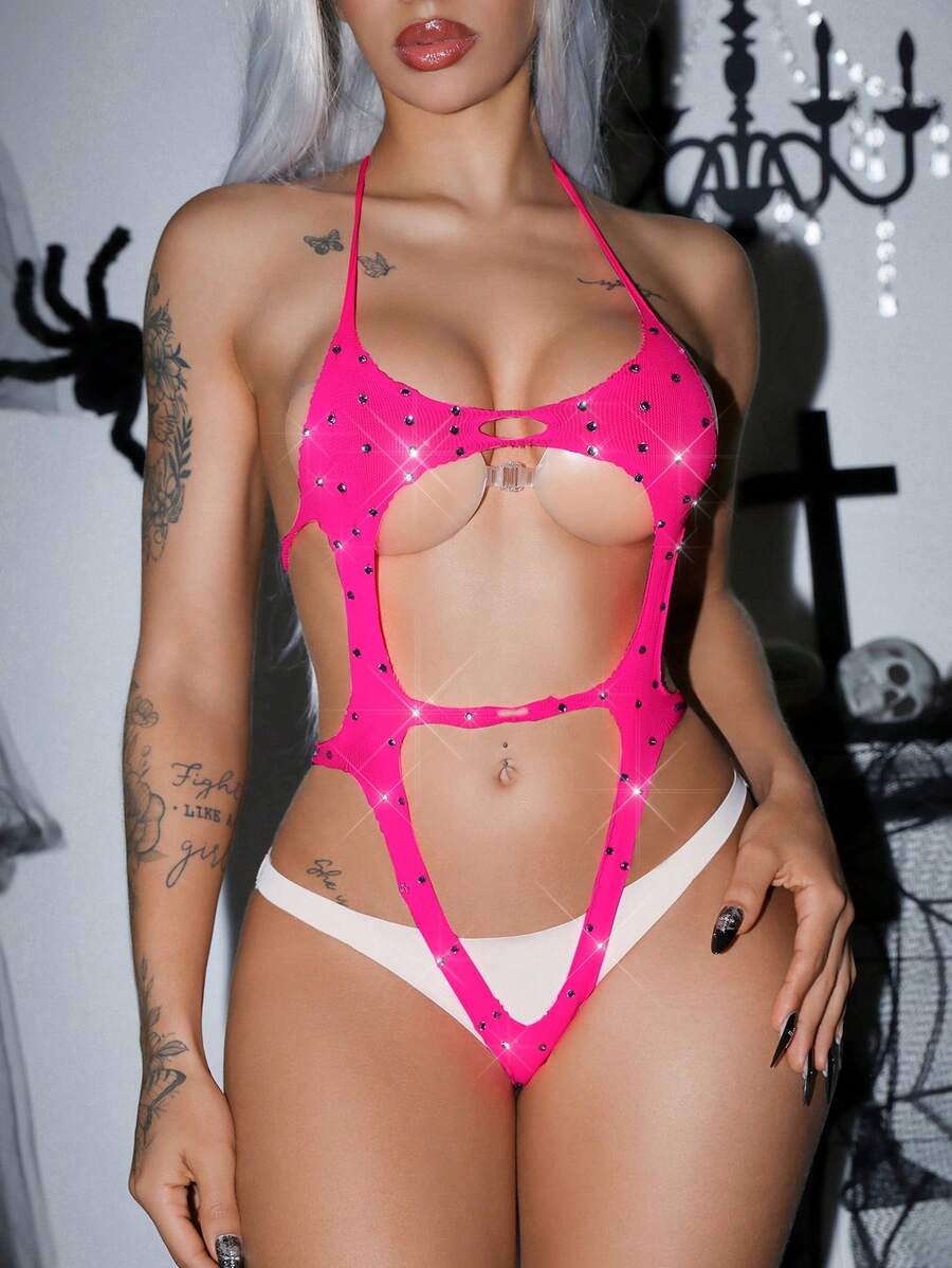 Women's Y2K shiny green halter teddy lingerie featuring rhinestone and ring accents, wireless bralette design, and adjustable straps.