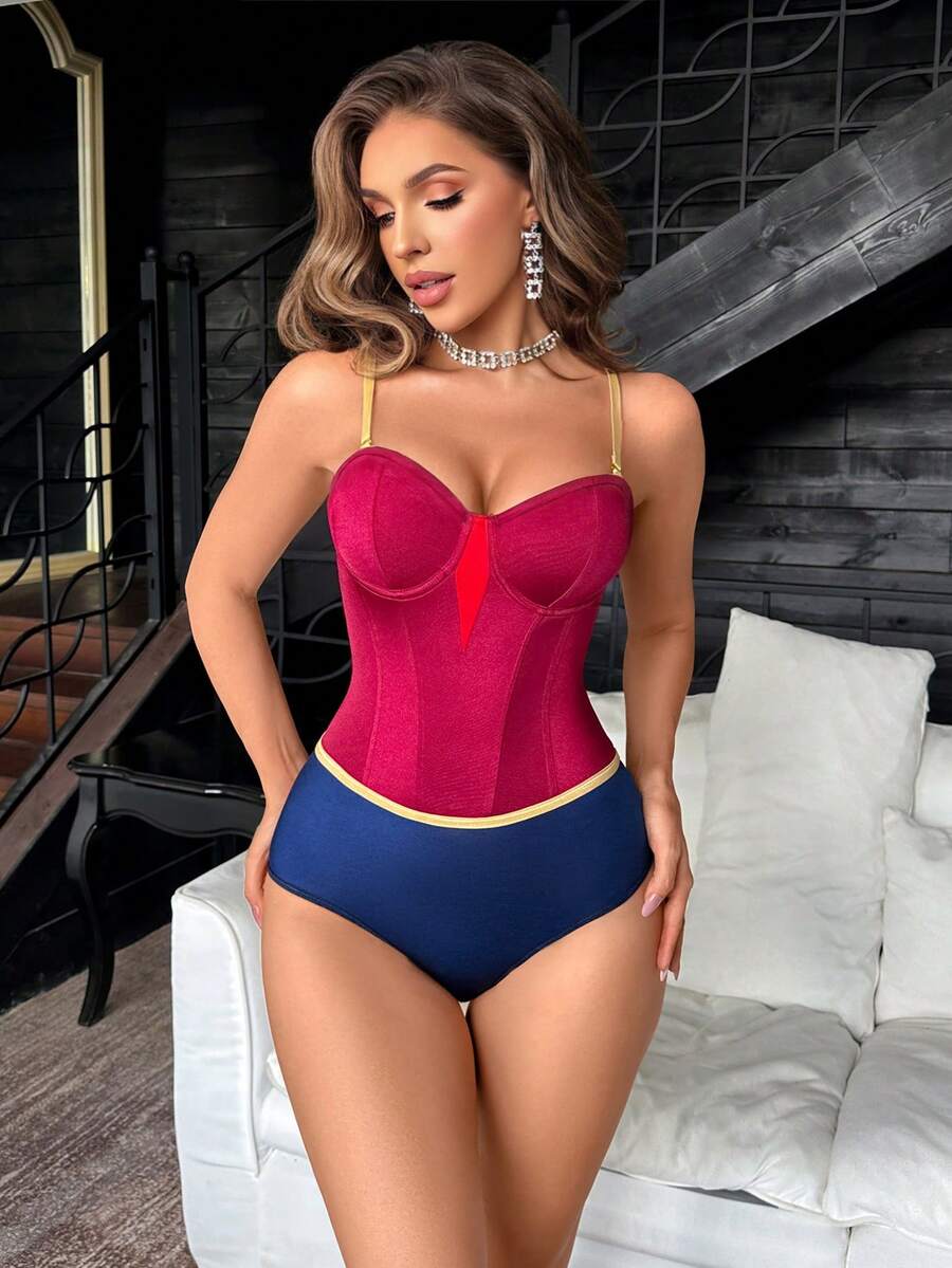 Women's multicolor colorblock role play costume featuring a backless design, bow and cup detail, wireless support, and adjustable spaghetti straps.