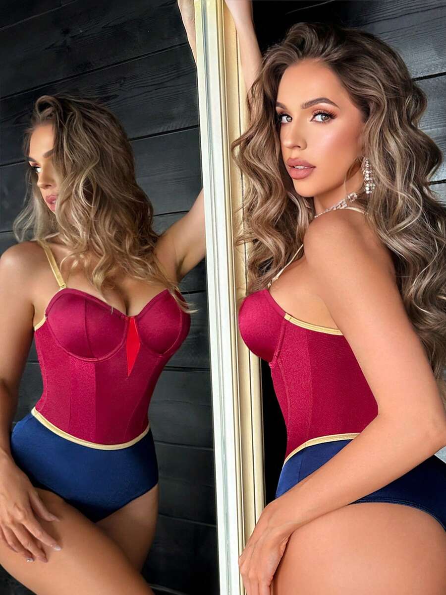 Women's multicolor colorblock role play costume featuring a backless design, bow and cup detail, wireless support, and adjustable spaghetti straps.