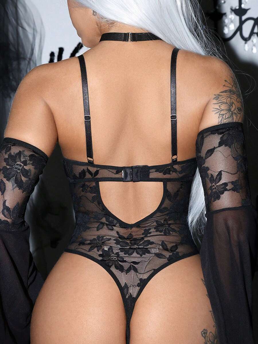 Black 3-piece gothic sheer lace jumpsuit set for women featuring backless design, adjustable spaghetti straps, bell long sleeves, and contrast lace details.