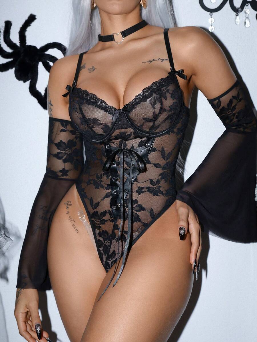 Black 3-piece gothic sheer lace jumpsuit set for women featuring backless design, adjustable spaghetti straps, bell long sleeves, and contrast lace details.