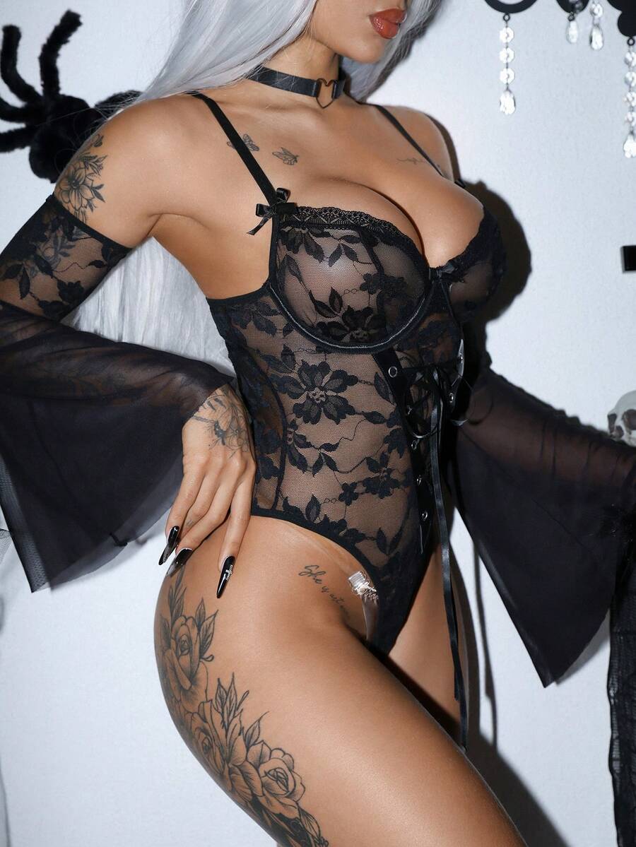 Black 3-piece gothic sheer lace jumpsuit set for women featuring backless design, adjustable spaghetti straps, bell long sleeves, and contrast lace details.