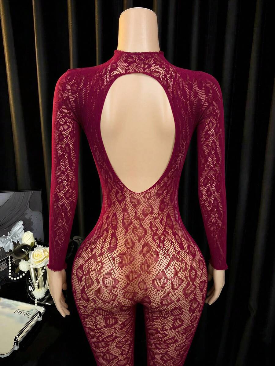 Black sheer long sleeve fishnet bodysuit for women featuring a leopard print design, slim fit silhouette, and high stretch fabric.