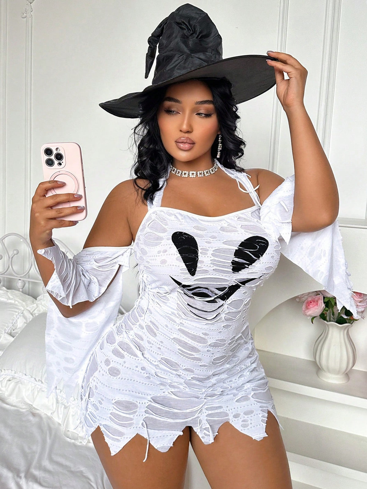 White distressed ghost Halloween cosplay lingerie outfit featuring halter neckline, cold shoulder long sleeves, contrast lace, and ruffle hem.