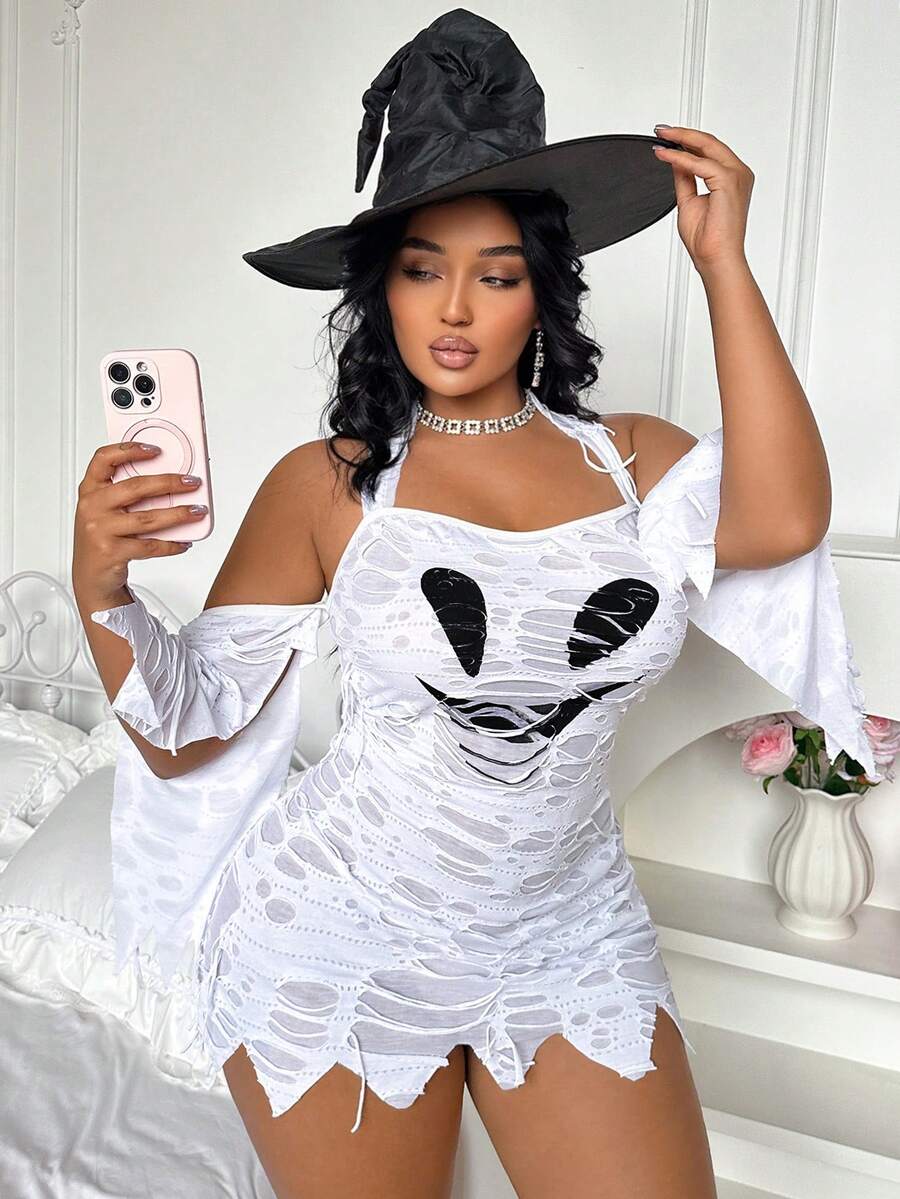 White distressed ghost Halloween cosplay lingerie outfit featuring halter neckline, cold shoulder long sleeves, contrast lace, and ruffle hem.