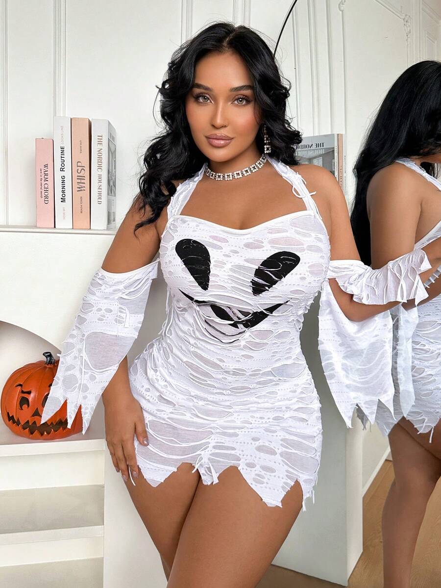 White distressed ghost Halloween cosplay lingerie outfit featuring halter neckline, cold shoulder long sleeves, contrast lace, and ruffle hem.