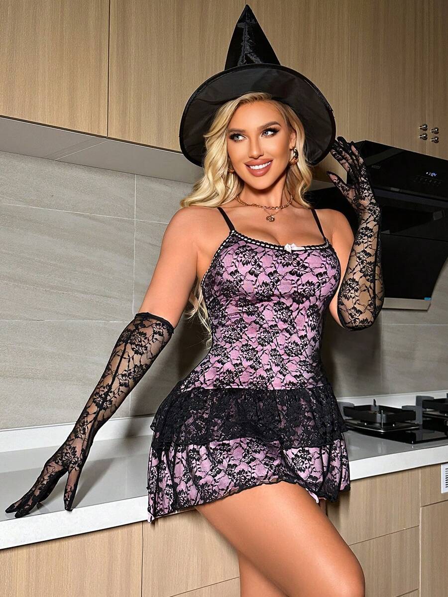 Black gothic asymmetrical spaghetti strap short dress set for women with plant pattern detail.