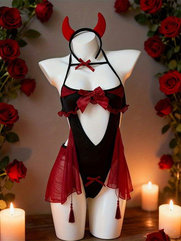 Red hollow-out devil lingerie set featuring adjustable spaghetti straps and wireless bra with headband and matching thong.
