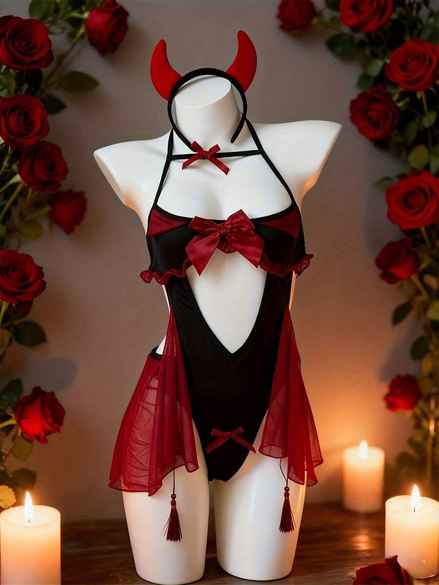 Red hollow-out devil lingerie set featuring adjustable spaghetti straps and wireless bra with headband and matching thong.
