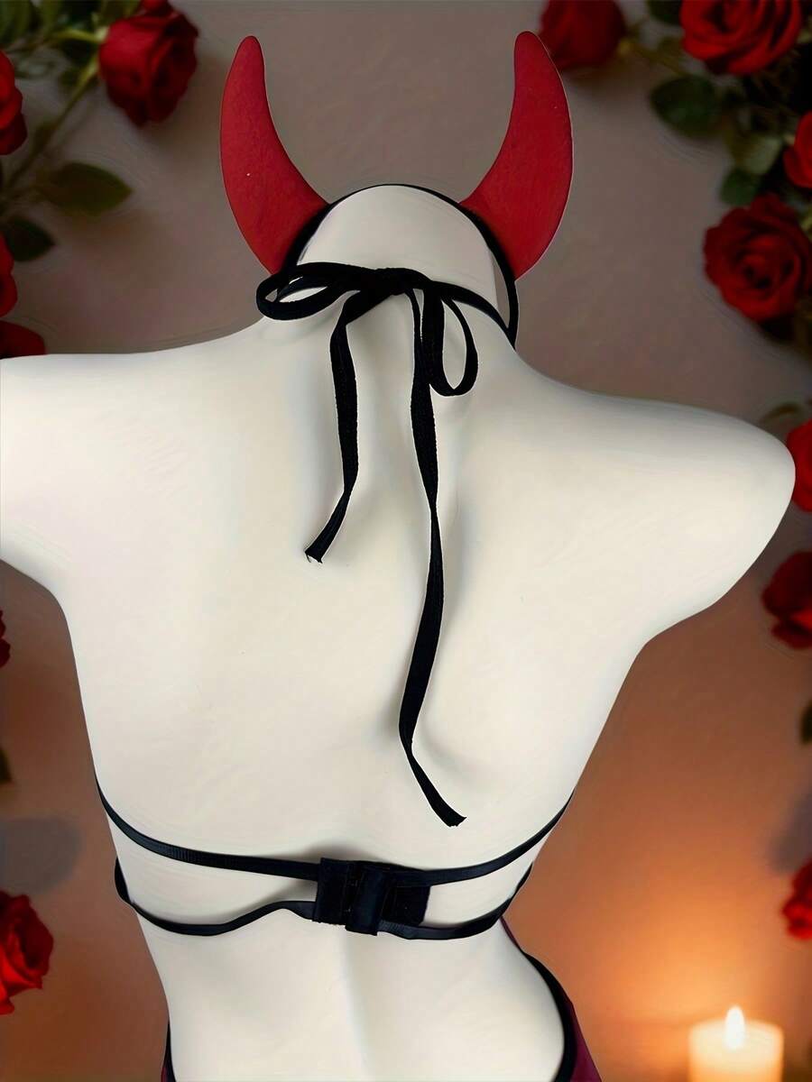 Red hollow-out devil lingerie set featuring adjustable spaghetti straps and wireless bra with headband and matching thong.