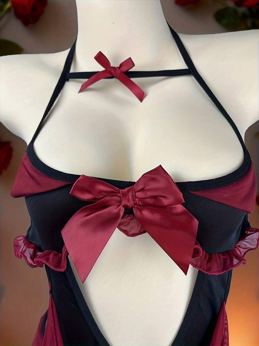 Red hollow-out devil lingerie set featuring adjustable spaghetti straps and wireless bra with headband and matching thong.