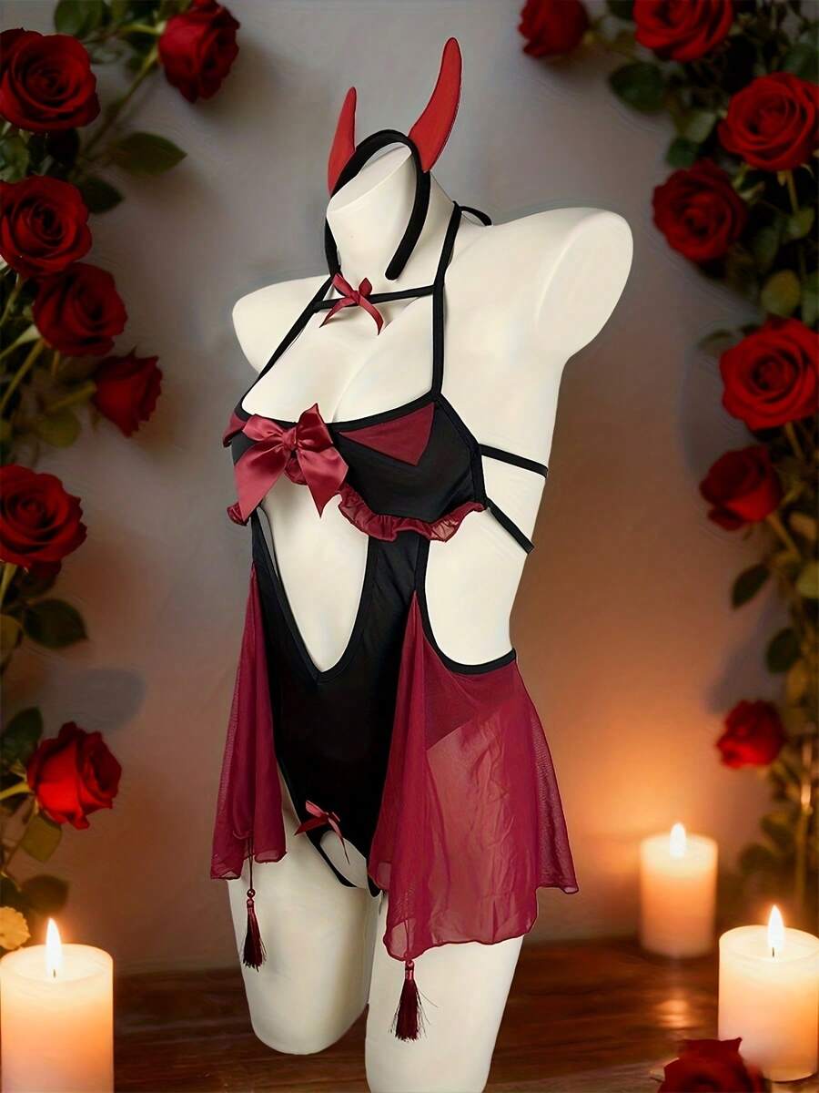 Red hollow-out devil lingerie set featuring adjustable spaghetti straps and wireless bra with headband and matching thong.