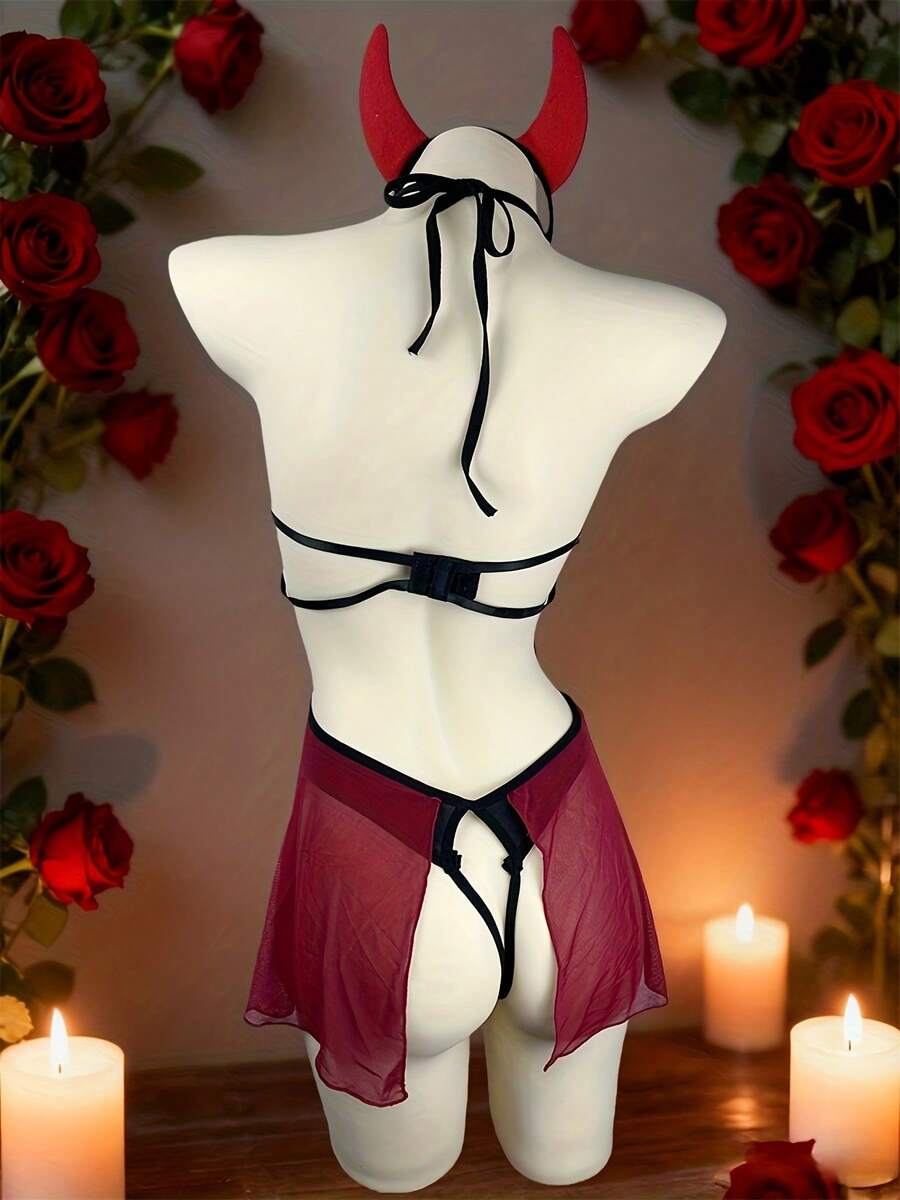 Red hollow-out devil lingerie set featuring adjustable spaghetti straps and wireless bra with headband and matching thong.