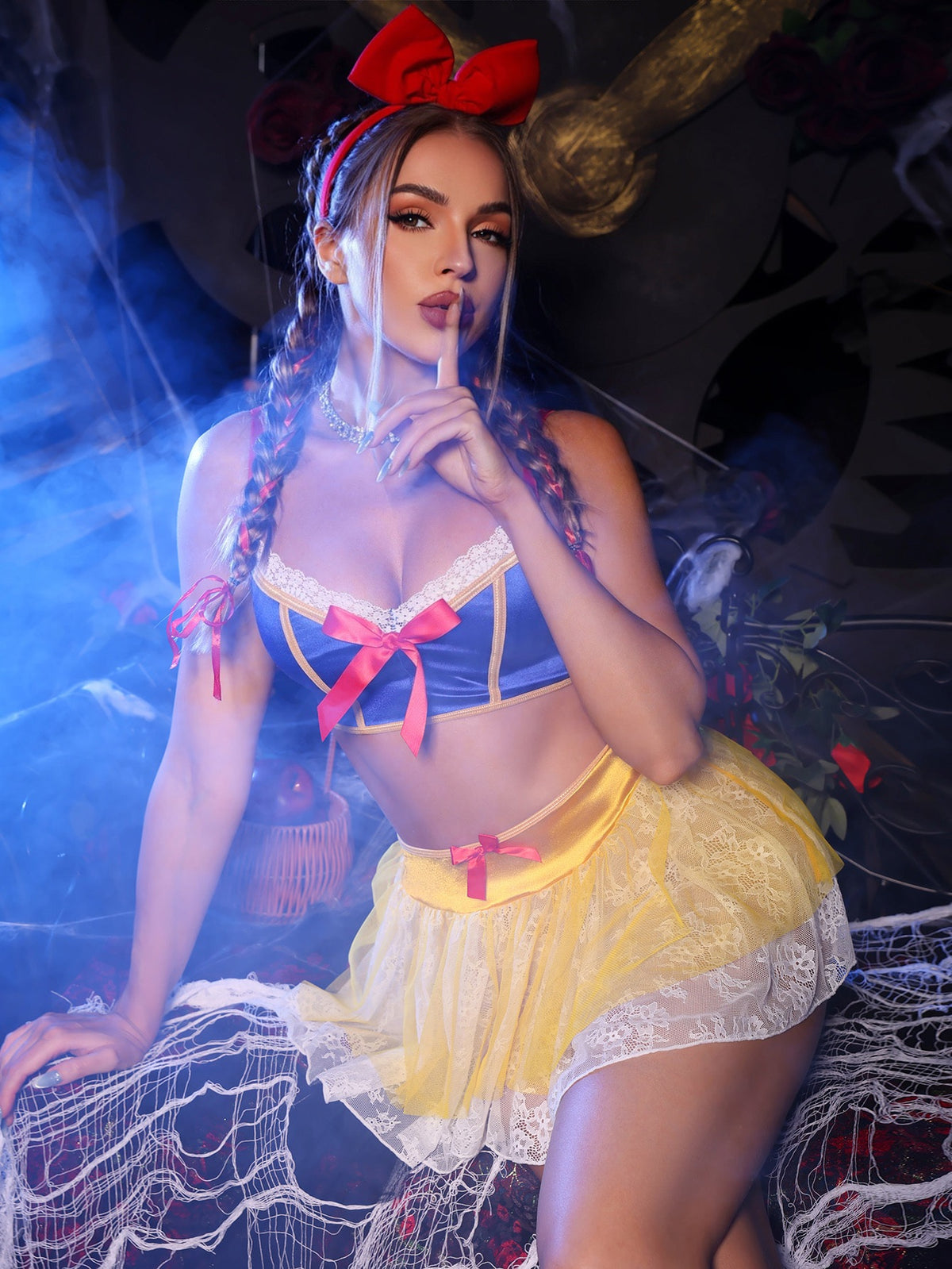 Multicolor 2-piece women's lingerie costume set featuring contrast lace patchwork, bow accents, triangle bra with adjustable spaghetti straps, and matching low-rise V-string panty.