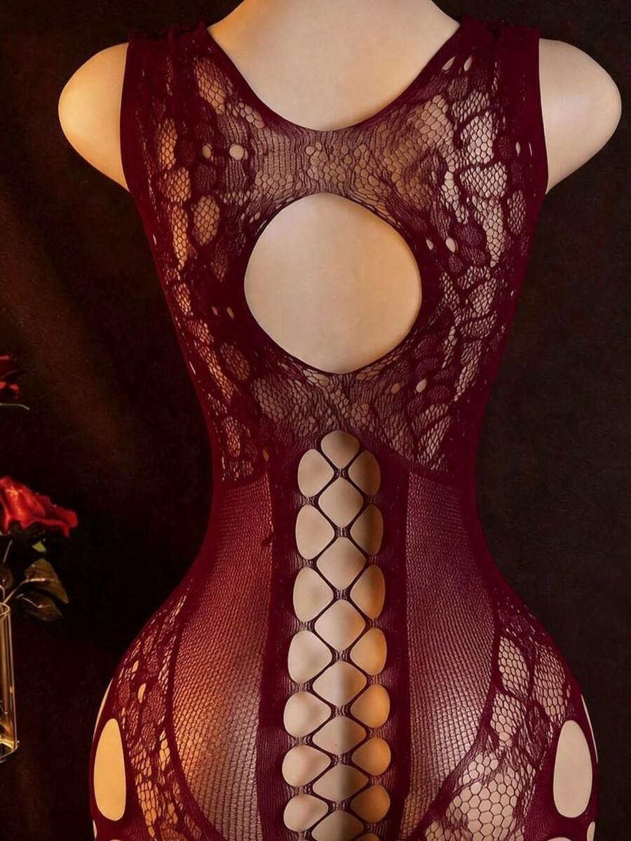 Women's burgundy sheer lace jumpsuit lingerie featuring hollow out detailing, sleeveless design, and high elasticity material.