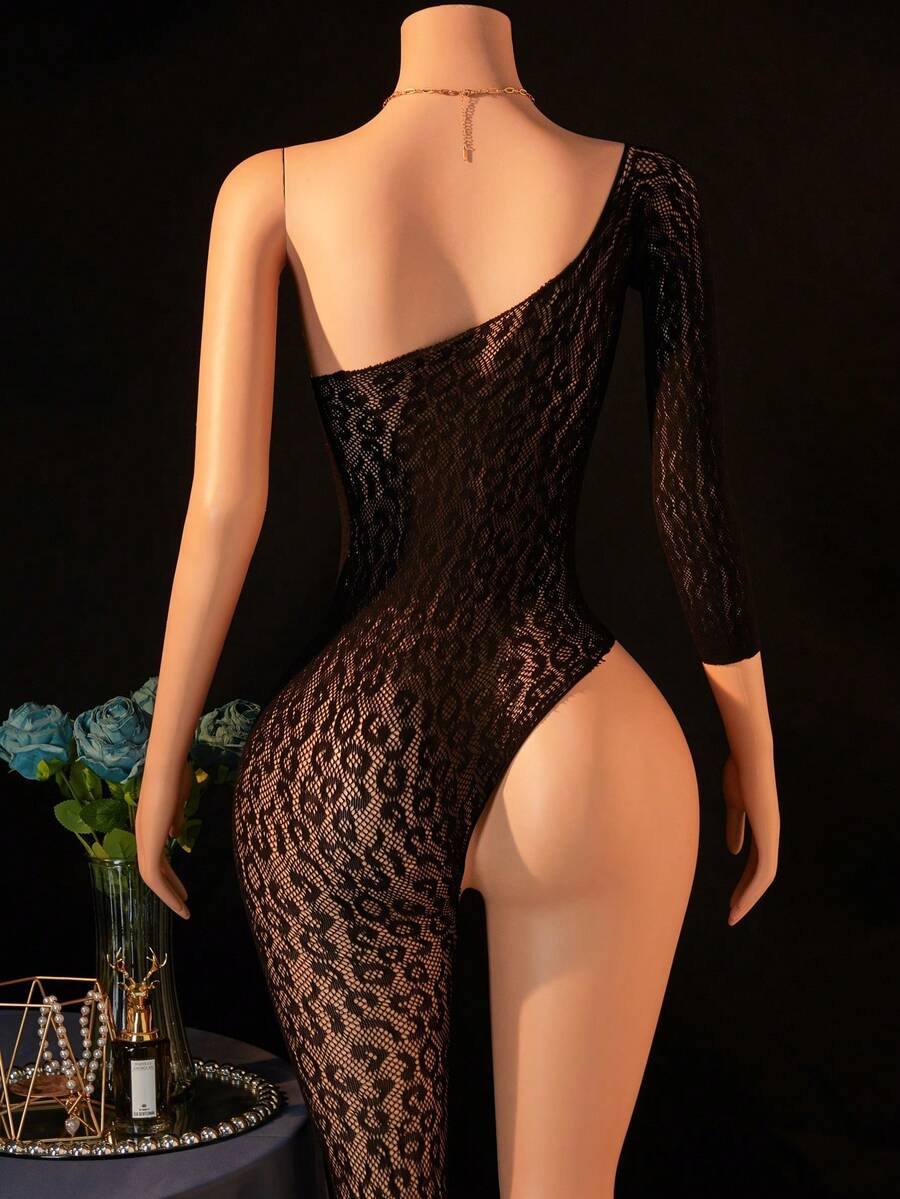 Women's black lace mesh bodysuit featuring a one-shoulder asymmetric design, crew neck, and side cutout details.