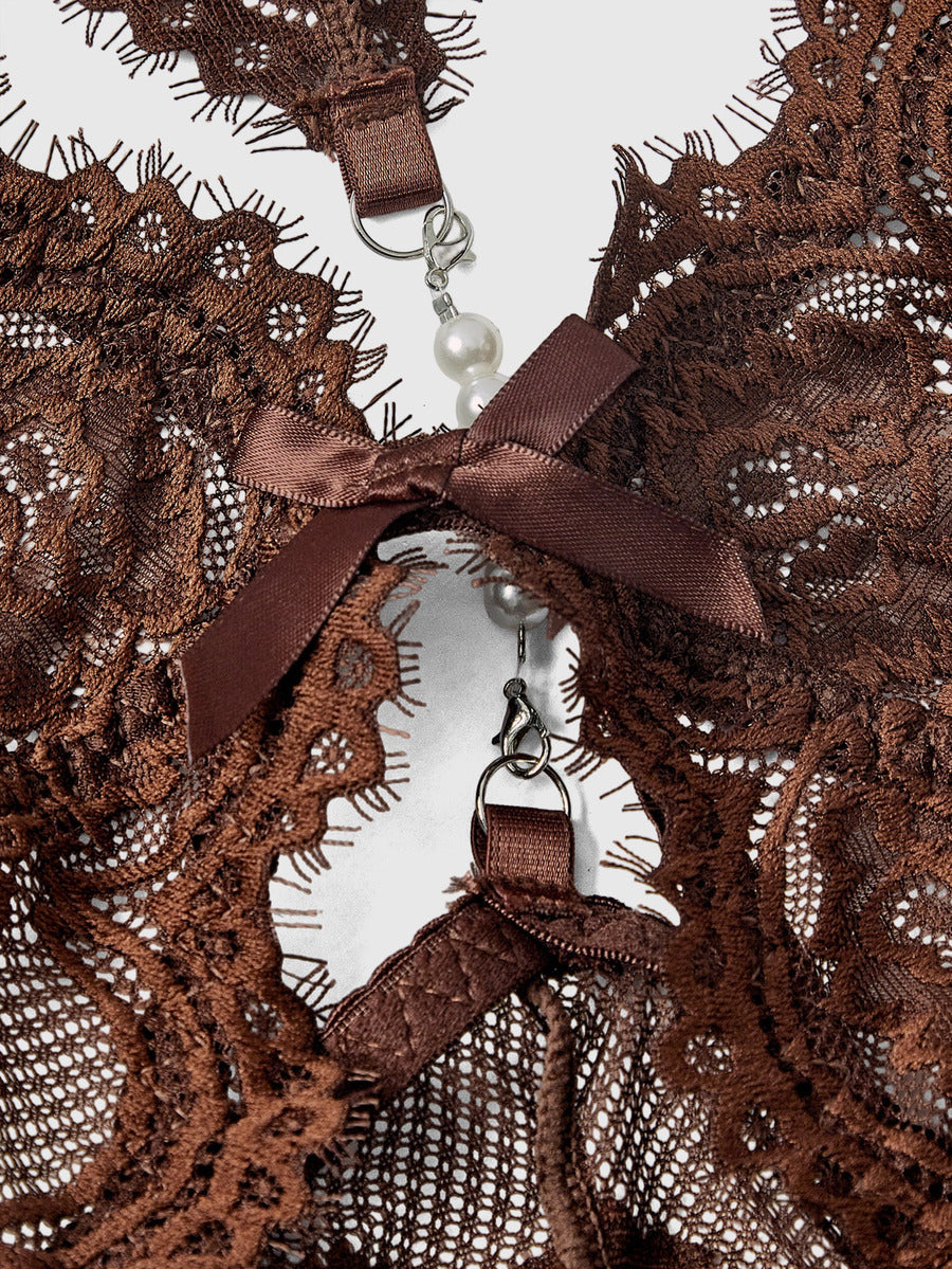 Brown gothic lingerie jumpsuit for women featuring contrast lace trim, hollow out front design, backless silhouette, plunge neckline, and adjustable shoulder straps.