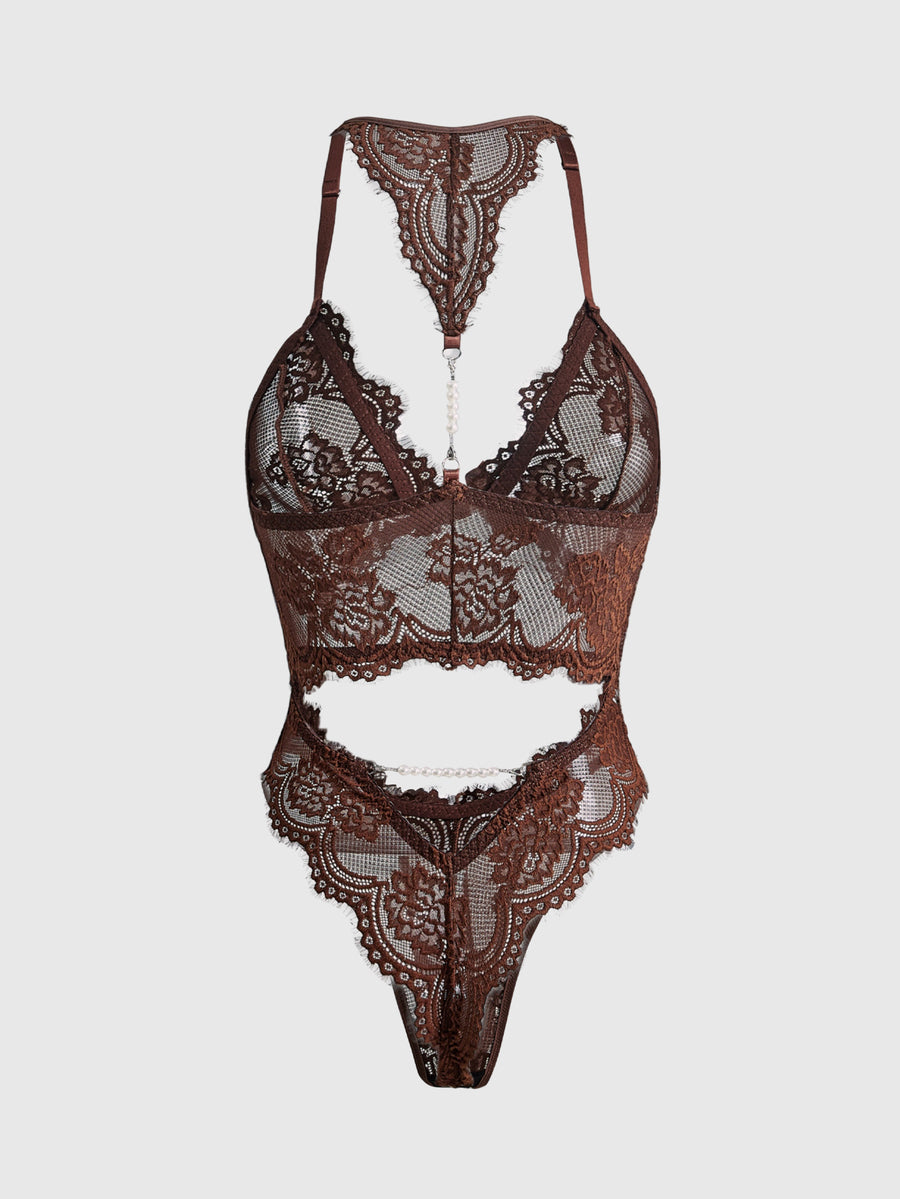 Brown gothic lingerie jumpsuit for women featuring contrast lace trim, hollow out front design, backless silhouette, plunge neckline, and adjustable shoulder straps.