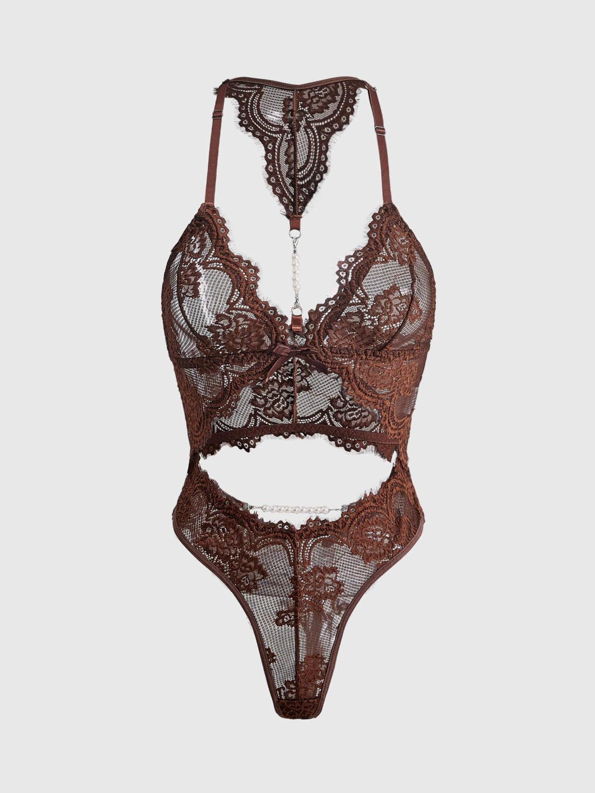 Brown gothic lingerie jumpsuit for women featuring contrast lace trim, hollow out front design, backless silhouette, plunge neckline, and adjustable shoulder straps.