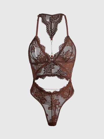 Brown gothic lingerie jumpsuit for women featuring contrast lace trim, hollow out front design, backless silhouette, plunge neckline, and adjustable shoulder straps.