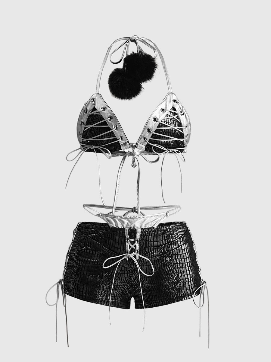 Women's black Y2K lace-up halter micro crop top and slim fit shorts 2-piece set with matching arm sleeves