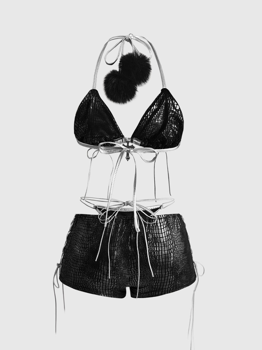 Women's black Y2K lace-up halter micro crop top and slim fit shorts 2-piece set with matching arm sleeves