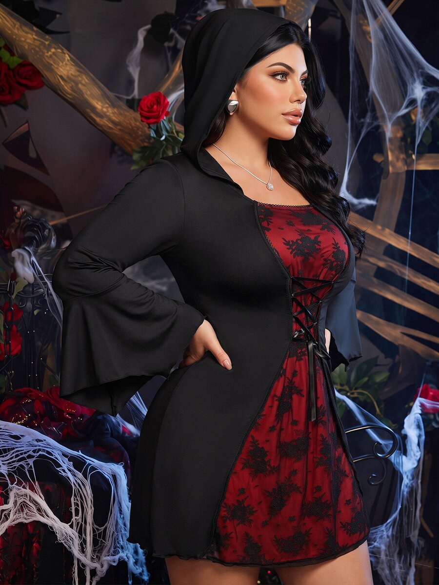 Plus size women's sexy lingerie role play costume featuring tie dye knitted fabric, long flare bell sleeves, wireless crossback straps, red contrast accents, and a matching hat.